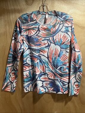 Floral Brush Marks Print Long-Sleeve Women’s Top in White, Blue & Coral
